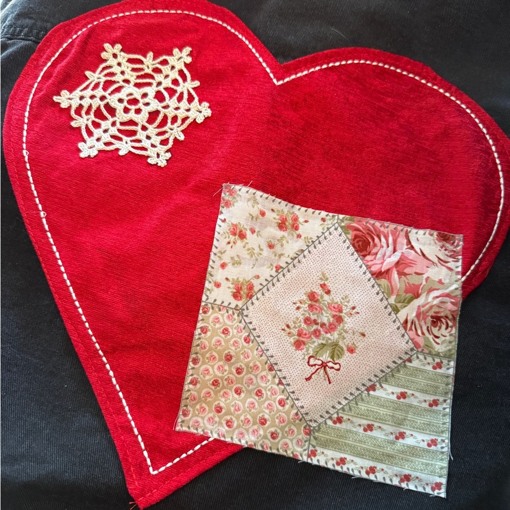 Black Denim Jacket Red Heart Patchwork Crochet Sn… - image 2